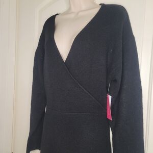ShoeDazzle Black Faux Wrap Sweater Midi Dress